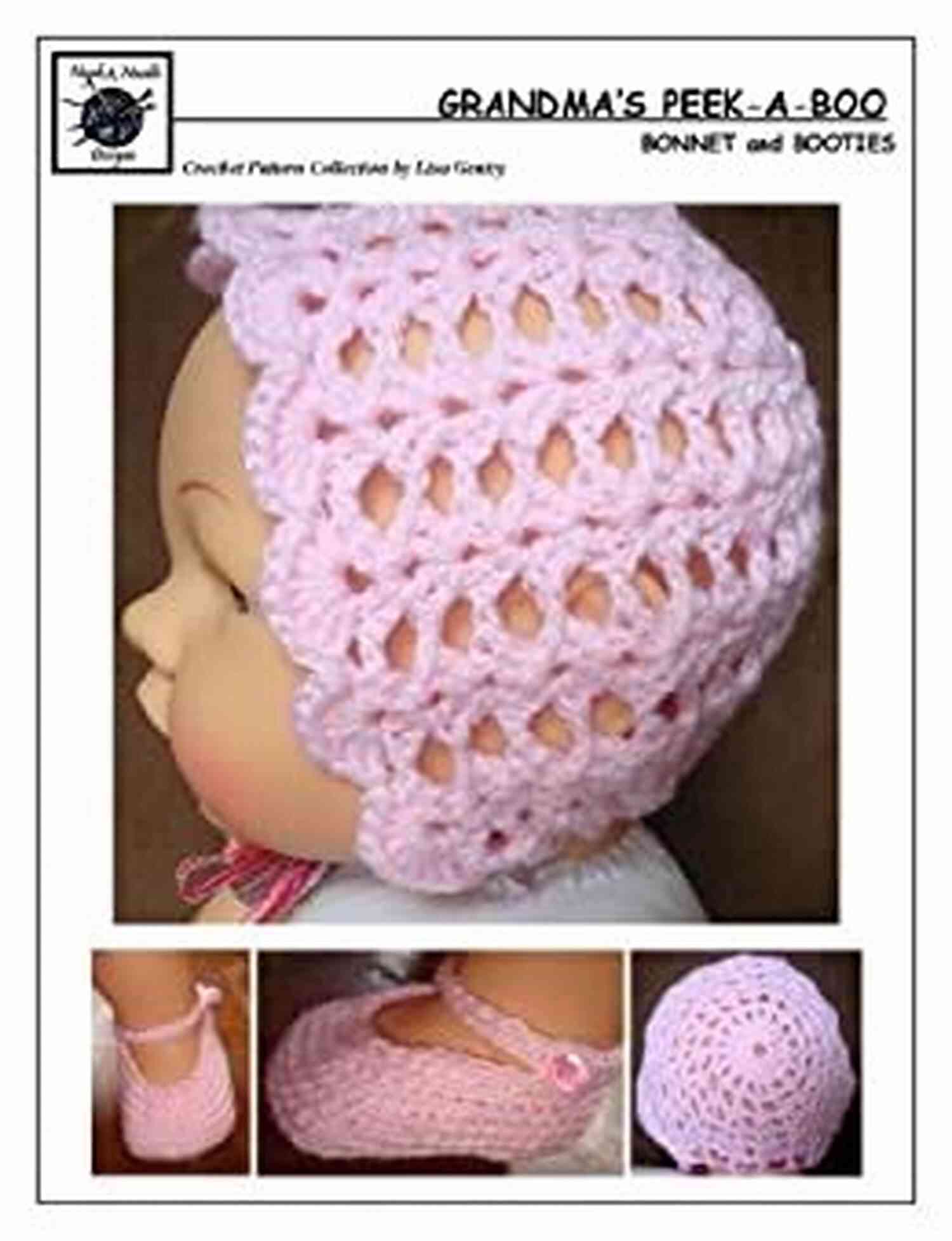 Adorable Baby Wearing The Grandma Peek Boo Crochet Bonnet And Booties Set Grandma S Peek A Boo Crochet Pattern #131 For Bonnet Booties