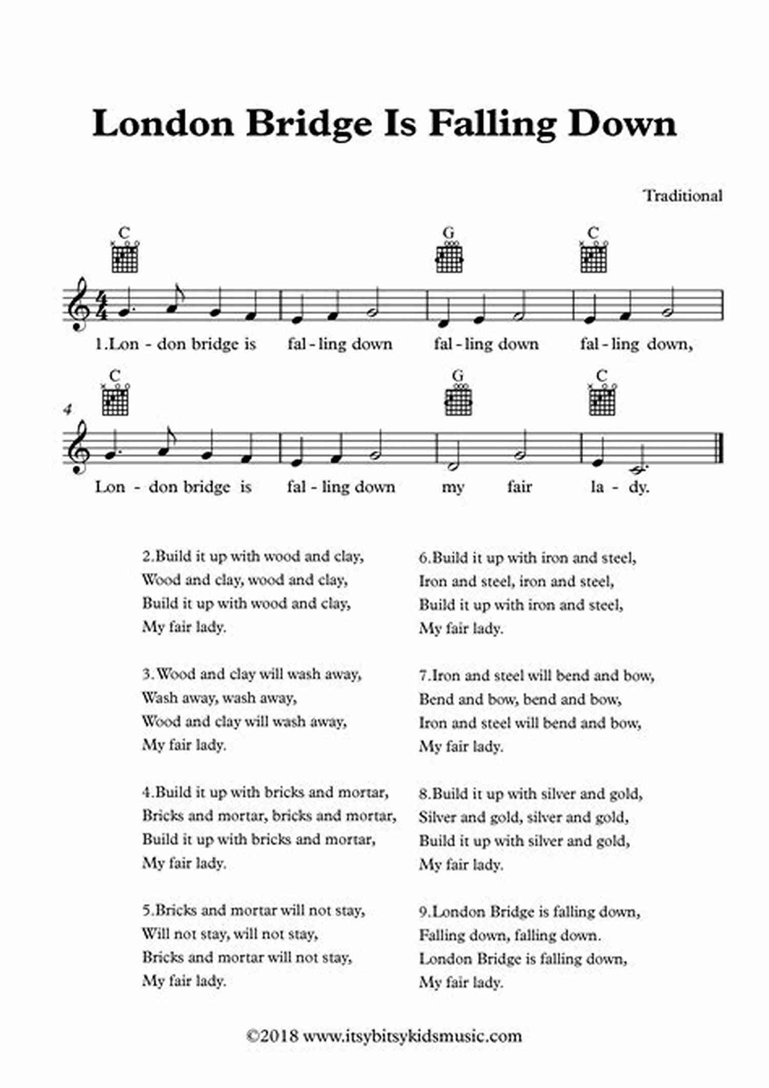 Sheet Music For London Bridge Is Falling Down Easy Piano Songs For Kids: 65 Classic Melodies For Kids To Play On Piano Easy Piano Sheet Music For Kids (with Labeled Notes Free Audio)