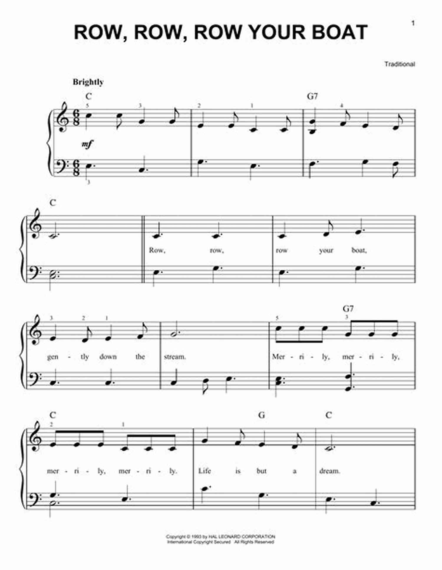Sheet Music For Row, Row, Row Your Boat Easy Piano Songs For Kids: 65 Classic Melodies For Kids To Play On Piano Easy Piano Sheet Music For Kids (with Labeled Notes Free Audio)